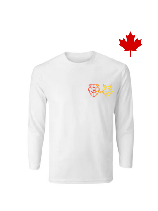 bear and fox apparel long sleeve tee with ombre red to ywllo logo canadian made blood services mosquito shirt