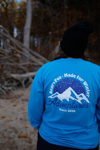 bear and fox made for winter adventures since 2020 turqoise long sleeve tee made in canada