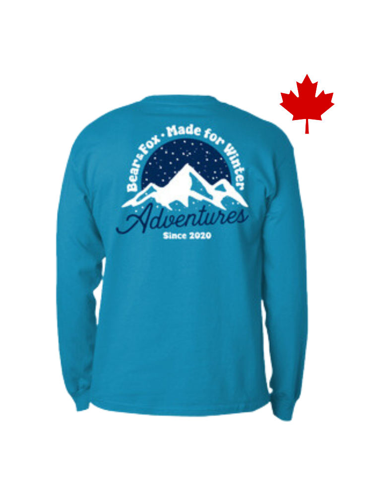 turquoise long sleeve tee made in canada made for winter adventures
