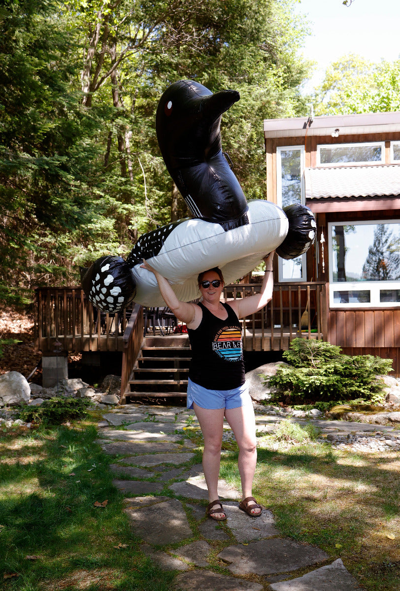 sipping docktails tank top bear and fox apparel with loon float eh at loon lake haus kearney ontario