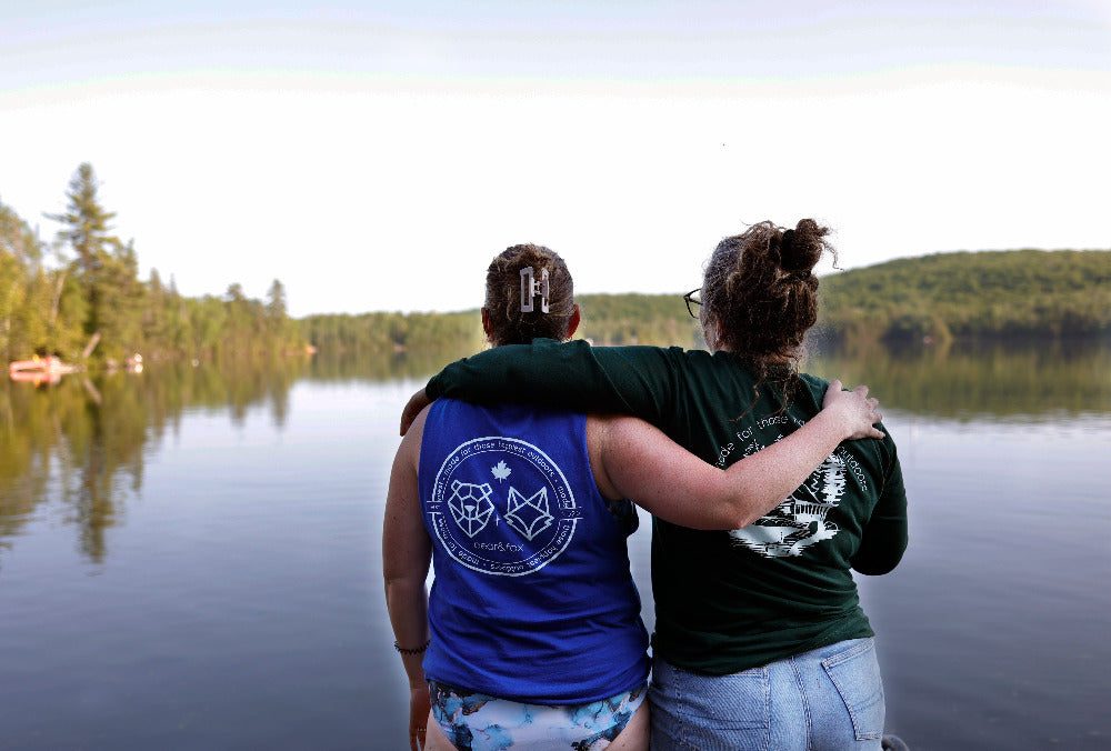 summer blues and cabin long sleeve tee two girls on the dock looking over the lake at the cottage