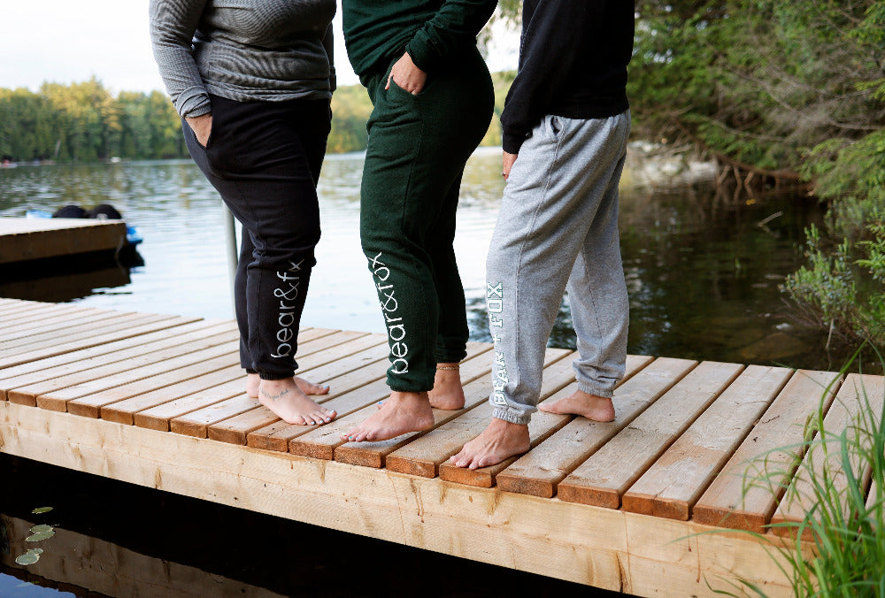 terry fox joggers, fiddler's greens, northern getaway sweats on the dock at the cottage