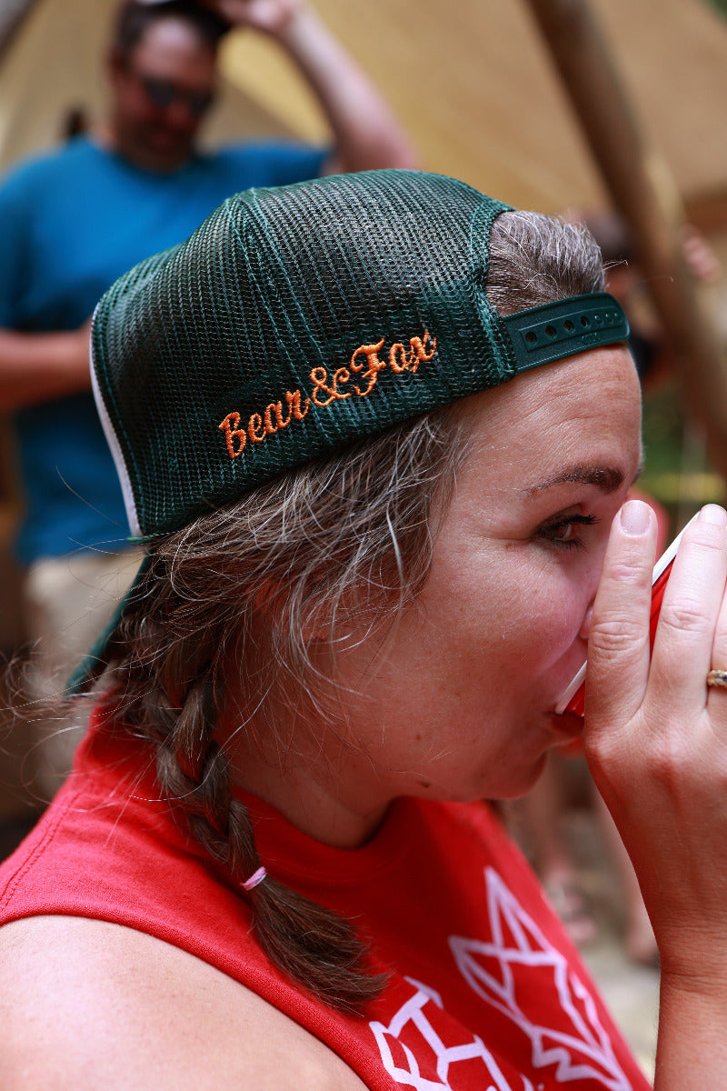 Bear and Fox Apparel trucker cap forest green hat red tank top drinking bangarang red solo cup