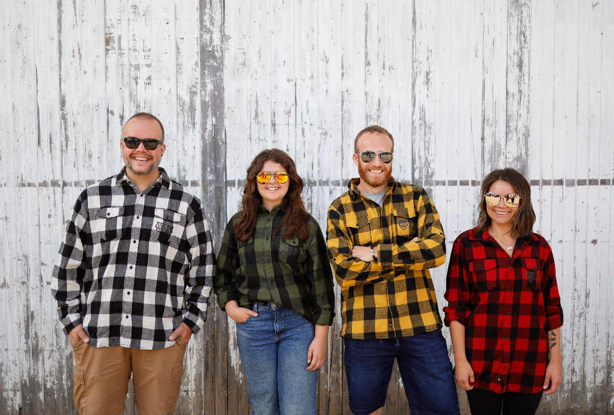 Bear and Fox Apparel plaid gang canadian canucks outside at the cottage red plaid white plaid yellow plaid green plaid sunglasses