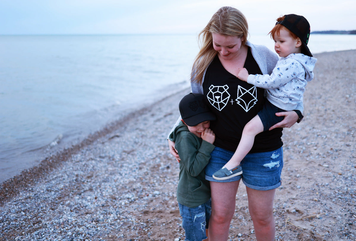 Bear and Fox Apparel canuck girl outside at cottage on beach lake huron canada canadian mom boy mom goderich ontario airbnb