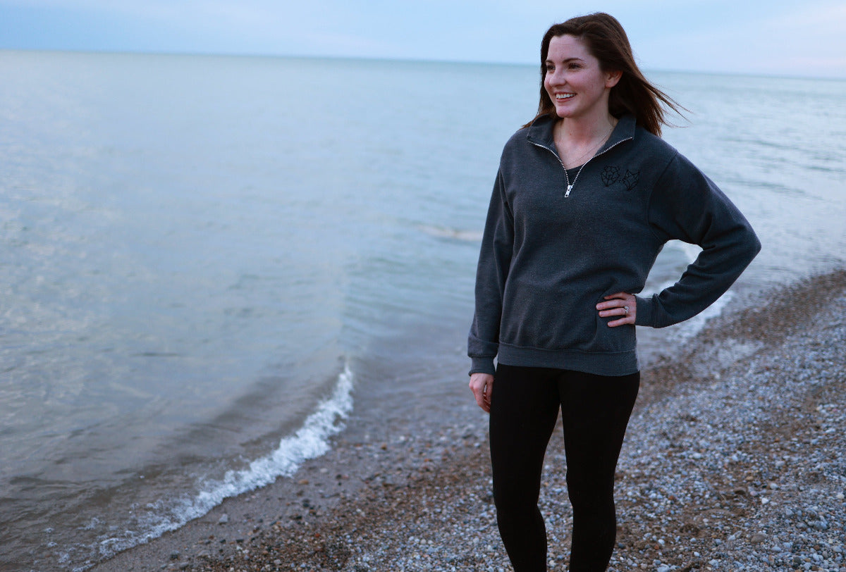 Bear and Fox Apparel 1/4 zip grey sweater canuck girl on beach at cottage on lake huron goderich ontario northern nylons leggings lulu lemon